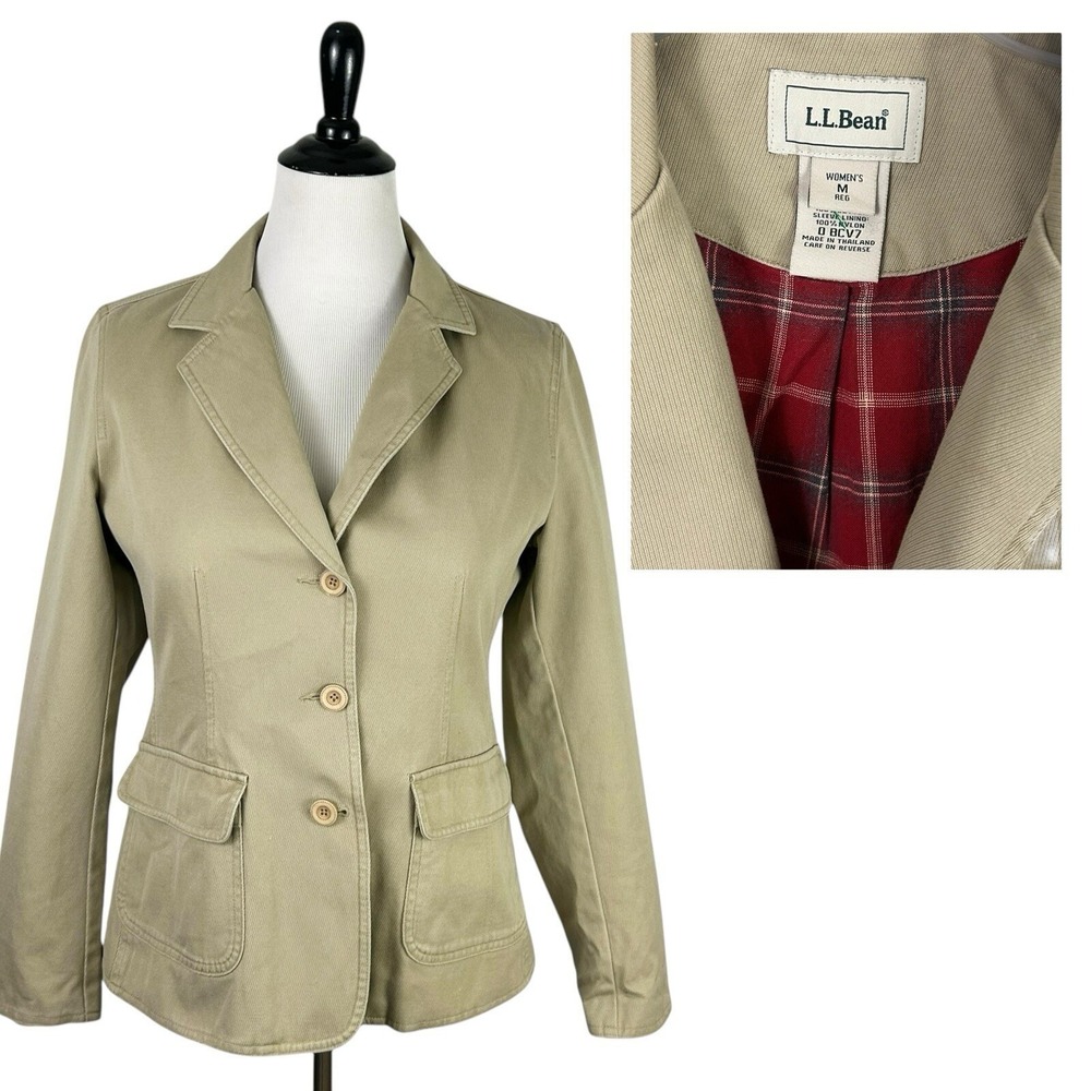 LL BEAN Womens Canvas BLAZER JACKET M 10 12 Equestrian Plaid Blanket Lined Barn